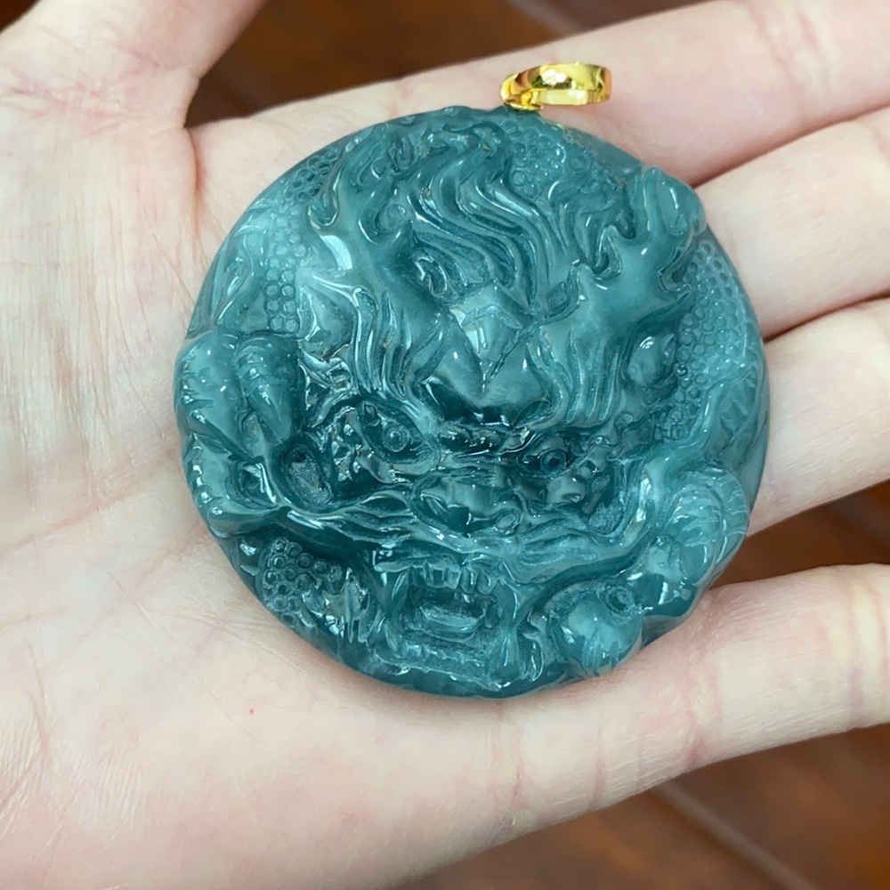 14k Solid Yellow Gold Round Carved Dargon Natural Jade Men Pendant Large